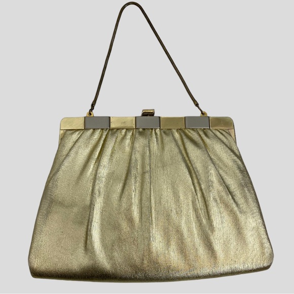 Vintage Handbags - Vintage 50s 60s Futuristic Metallic Gold + Silver Handbag or Clutch